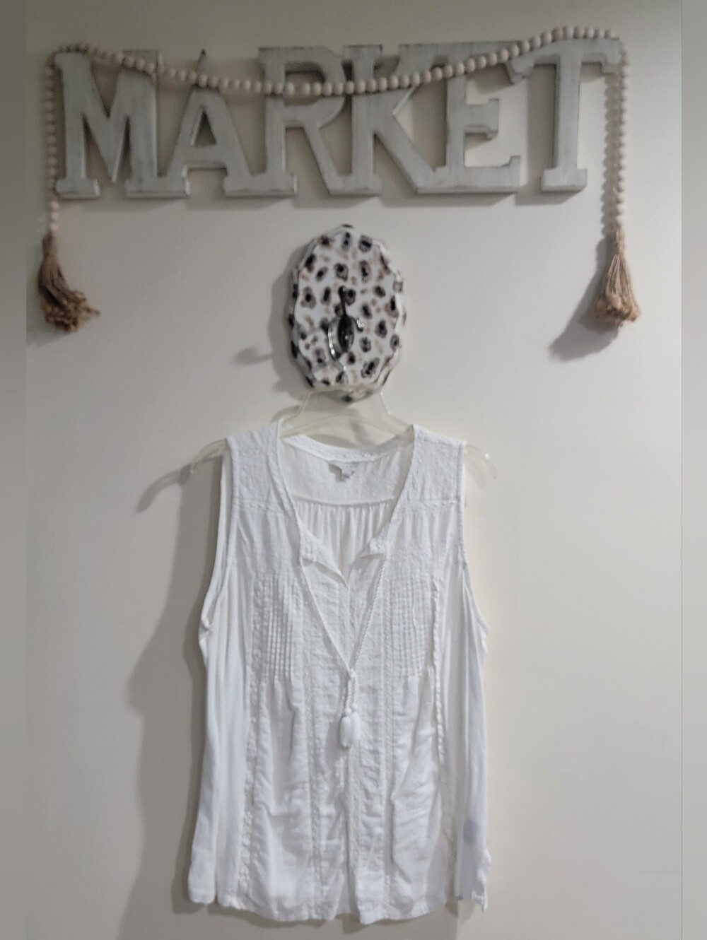 Lucky Brand White Sleeveless Pintuck Tassel Tie Cami